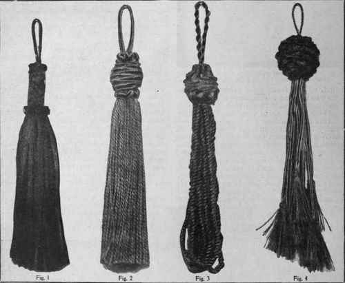Fig. I. A simple form of tassel, made of braid fringe, with a piece of dull gold furniture galon and Russian braid to form the top.