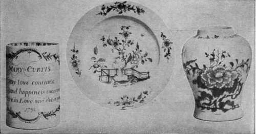 Mug, plate, and vase of Lowestoft porcelain, decorated in blue underglaze, from the collection of Messrs. A. B. Daniell &• Son