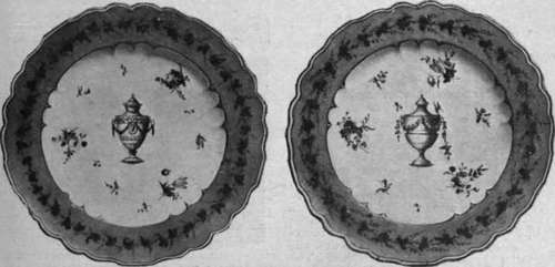 Pair of Chelsea derby plates painted in colours and gilt From the South Kensington Museum of his shepherds and shepherdesses have heads copied from Roman reliefs, and bear expressions of countenance quite unsuitable to their calling