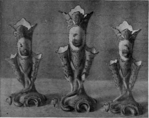 Set of Rockingham spill vases in Rose du Barri pink and buff, with coloured landscapes