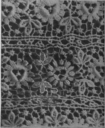 The design in the white paint must be sewn over with cotton, taking loose stitches in a contrary direction to that of the finished mend before beginning the work carefully, copying it closely from the rest of the lace.