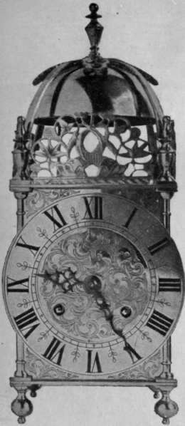 A Cromwellian brass clock. The original models were made with only one hand and placed upon brackets. Such clocks are suitable in a Jacobean room