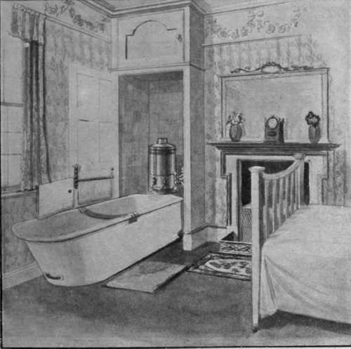 A bath that can be fitted in a bedroom. The heating is supplied by a geyser, and the bath arranged to tip up and fit into a cupboard. This ingenious device economises space in a small house or flat