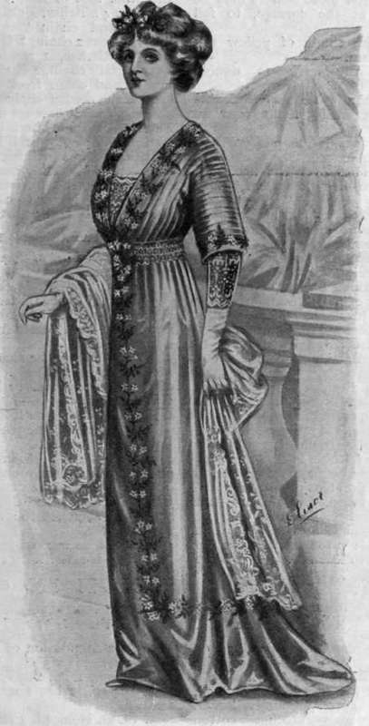 A dainty trimming of floral crochet arranged on an evening gown. The star like flowers of the jasmine and its dark green leaves are particularly effective