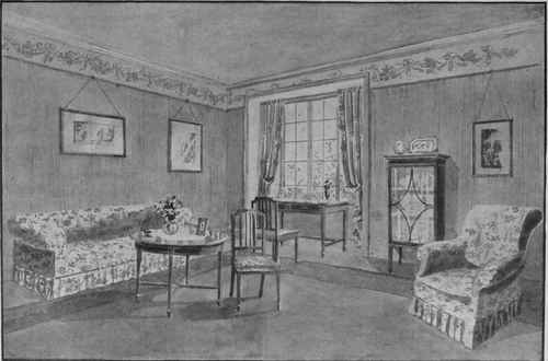 A grey and pink drawing room presents a charming colour combination. The grey wallpaper with its rose frieze, the grey rose bordered carpet and grey and rose chintz covered furniture space there is in a room, the better the effect.