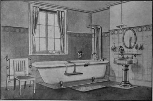 A modern bathroom, in which the bath is raised above the floor, and fitted with shower and curtain, strap seat, and bath step and mat
