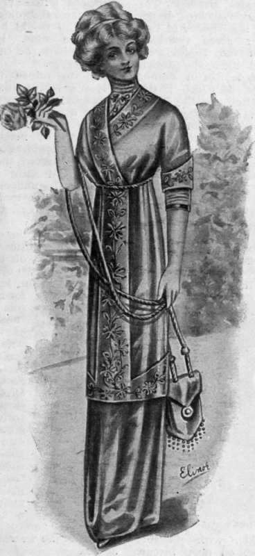 A tunic trimmed with strips of embroidery. The design, worked in the natural colours of the honeysuckle, would look well on white linen or pale champagne coloured satin