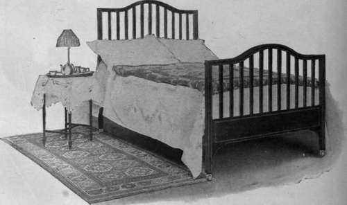 An inlaid mahogany bedstead should be accompanied by a small mahogany table, covered with a lace eaged white cloth. On this the early morning tray can be placed