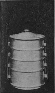 Arrangement of white enamel tins, fitting into each other in order to retain the heat. Useful and cheap for outdoor meals. Cost, three or four shillings