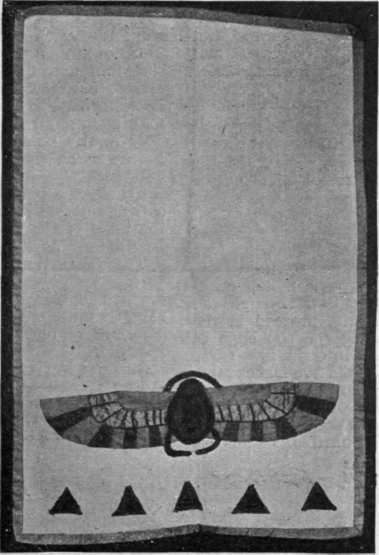 Chair back of unbleached calico, on which is appliqued the sacred beetle so frequently pictured in Egyptian art