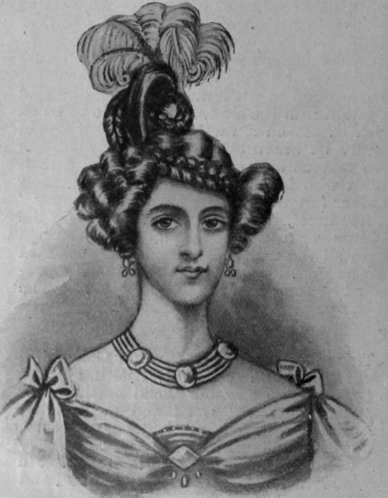 Fig. 2. A fashionable mode of the reign of George IV., in which the plait stiffened, plays an important part. The feathers add height and dignity to the wearer's appearance