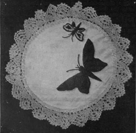 Fig. 2. The large butterfly is worked in shades of dull green, yellow, and orange, and the smaller insect in two shades of yellow with French knots of turquoise; the centre of its wings are brown with veinings of black and gold