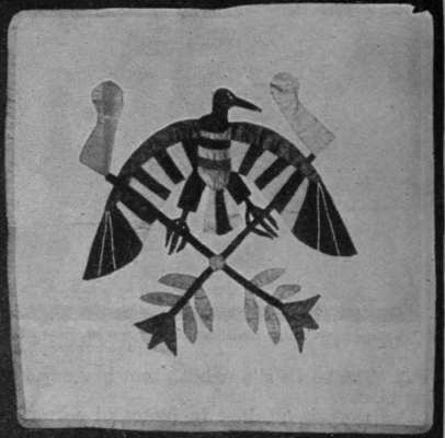 Native Egyptian design of a quaint bird with outspread wings. Worked on unbleached calico, it would form a useful cushion cover