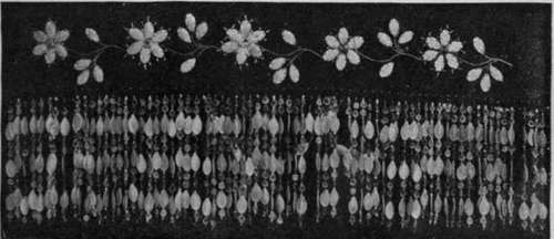 No. 1 Border for a projecting shelf worked with marrow seeds and embroidery silks. The fringe is composed of marrow and hollyhook seeds and small coloured beads