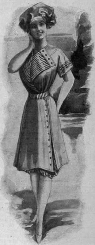 Sketch of bathing dress worn with detachable skirt