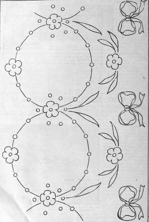 A beautiful garland design, which can be transferred to tracing paper or tracing cloth. By the aid of carbon paper and a moderately sharp pointed instrument, such as a knitting needle or blunt stiletto, the design may then be transferred from the tracing to the material to be embroidered
