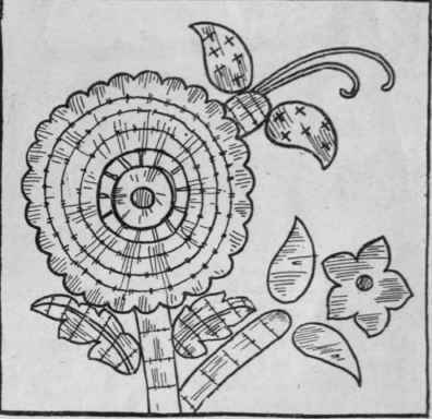 A beautiful spray from an embroidered robe, showing several methods of catching down the silk