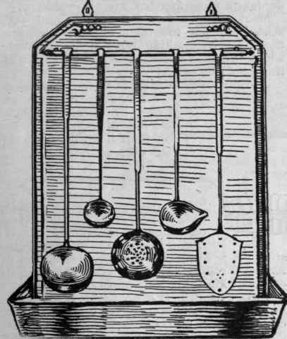 A case in which basting spoons, ladles, and slice can be hung ensures their being to hand when wanted. The case should be fixed to the wall near the stove