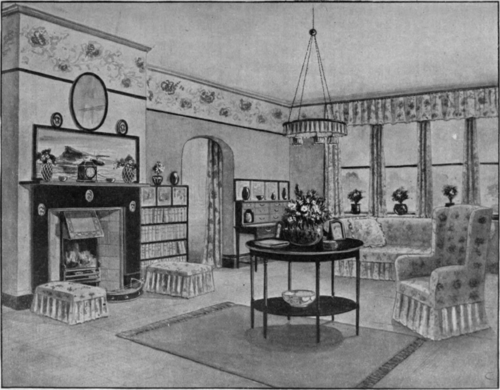 A chintz drawing room is one of the most charming and restful of rooms. The walls should be hung with self coloured paper, the frieze finished with a black beading, and the mantelpiece painted black to introduce the note of black which is a distinctive asset in the scheme