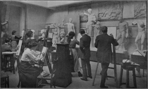 A class drawing from the antique in the cast room at the Polytechnic School of Art, London. The work is often executed in monochrome, and is a preliminary to drawing from life.