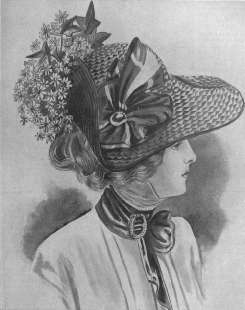 A very striking creation for spring or early summer. The curves of the brim and trimming unite to produce a very original effect