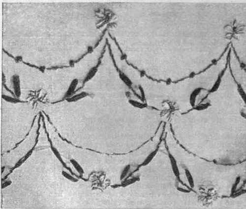 An adaptation of the garland design in ribbon work upon white mull muslin, which would form a pretty corsage trimming for a girl's dinner dress