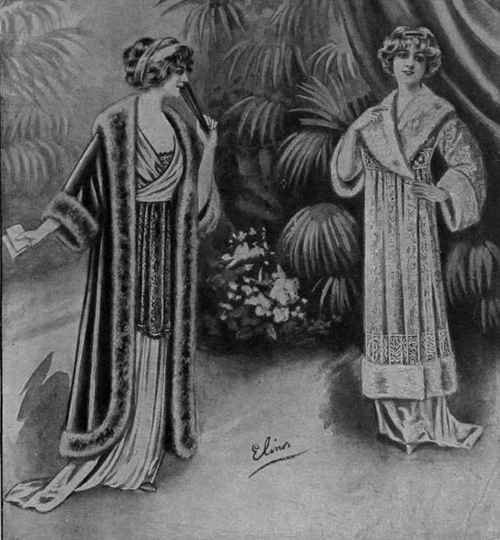 An evening coat of the Burgomaster type is designed on very simple lines, and is easy to fit. The coat on the right illustrates the use of brocade in conjunction with wide, richly patterned lace and deep bands of fur