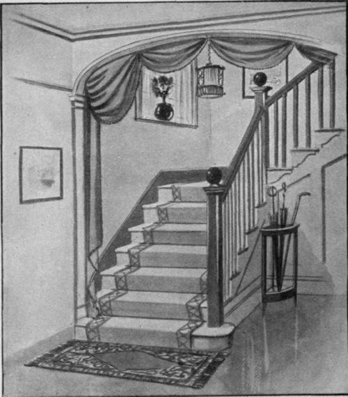 Beautifying an ordinary landing and staircase. If curtains are considered desirable, they should be arranged with care and taste