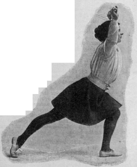 Fig. 3. Advanced wand exercises. Exercise 2, positions 3 and 4. Side view. Left leg extended back, right knee bent, arms stretched