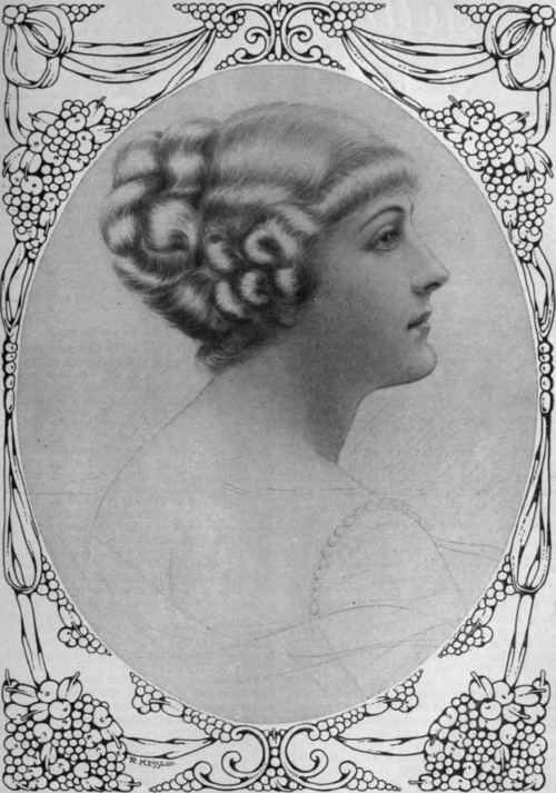 Fig. I. A charming modern adaptation of the straight fringe. This mode is specially becoming to a young girl and is quite easy to arrange. It should rest lightly upon the forehead, and the ends should be rolled under slightly. Waved coils or puffs accord well with
