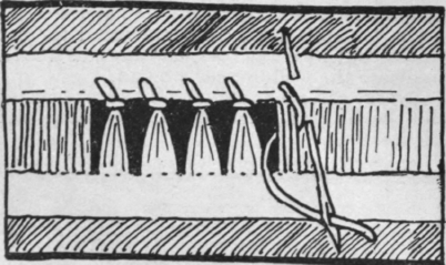 Fig. I. The reverse side of one method of hemstitching in which the needle gathers together bunches of three or four threads