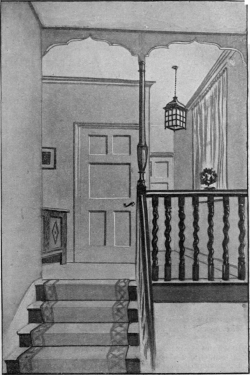 If the expense of re glazing an ugly window is not desirable, a short curtain of thin muslin should cover the window completely. A double arch gives a distinctive note to the general effect