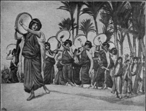 Miriam the prophetess leading the exultant daughters of Israel in triumphant rejoicings after the destruction of the Egyptians in he Red Sea
