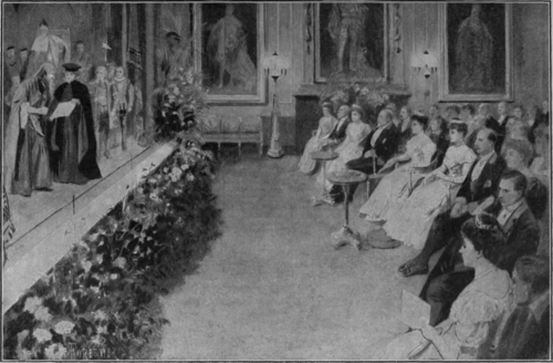 The Merchant of Venice, as played by Mr. Bourchier's company before King Edward and Queen Alexandra and their guests in the Waterloo Chamber, Windsor Castle. The Royal party are seated in the front row at a convenient distance from the stage, as it would be a breach of etiquette for their subjects to sit with their backs toward them