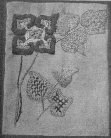 The conventional floral design gives much scope to the clever designer. A variety of stitches are used in the above example, worked in terra cottas and green