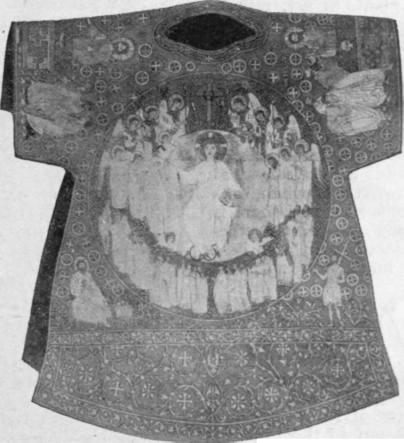The dalmatic of Charlemagne in the Vatican treasury. This ancient vestment is one of the most marvellous pieces of needlework which has survived from early ages, and shows traces of Creek design