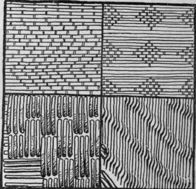 The two upper sections give examples of pattern couching. The two lower show two methods of interlacing gold threads over a padding of white threads, shown in the two lower cornets