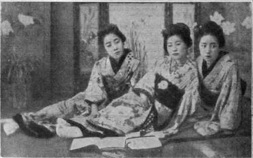 Three typical Japanese maidens. Girls are most carefully educated in all womanly accomplishments