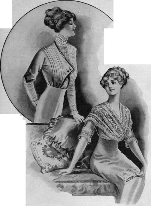 Two attractive blouses of varying styles, adapted for wear with the new form of the corselet skirt. The one above exemplifies the popular one sided effect; that below, the simple but becoming vogue of the kerchief bodice