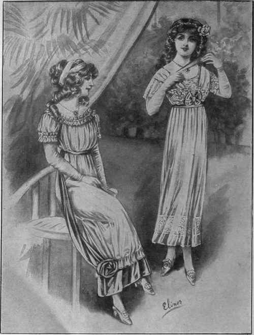 Two ways of lengthening a girl's party frock. The skirt on the left has been used as a tunic, and the necessary length obtained by the use of a slip of satin or silk. The figure on the right shows how a skirt can be lengthened successfully by an entredeux of embroidery or lace