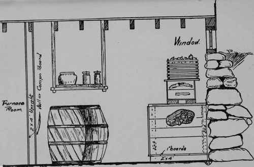 Fig. 23 - Part of the cellar may be partitioned off for a storage room, by leaving a dead air space between the walls. If shelves and containers are arranged to make the best use of the space available, a small room will accommodate enough fruits and vegetables for several months' supply.