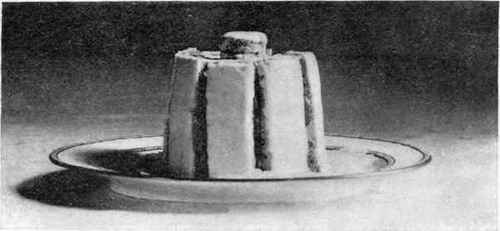 Charlotte Russe With Strips Of Cake Iced In Two Colors.