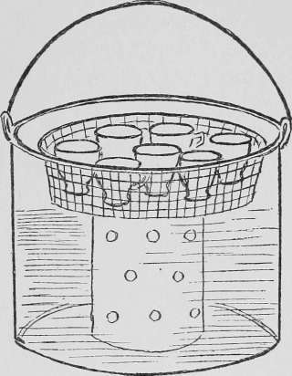 Wire rack arranged for steaming, with perforated tin can as a stand to raise it above the water.