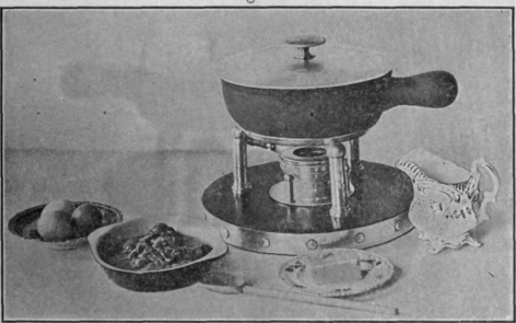 A Chafing Dish and Alcohol Lamp. The Casserole is an Attractive Novelty.