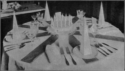 A Luncheon Table for a Washington's Birthday Celebration. The Buff and Blue Alternate in the Ribbons, and the Cake is Decorated with Thirteen Candles.