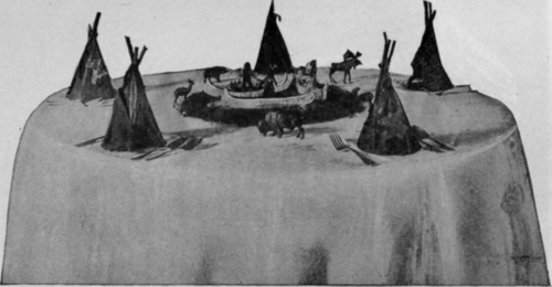 A Thanksgiving Table Decorated Especially for the Children. The Tepees are made from Pieces of Kid of Contrasting Tones.