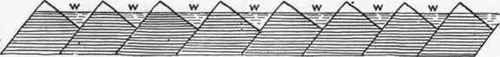 Diagram showing Water (W) standing between Ridges in Land ploughed 6 in. deep.