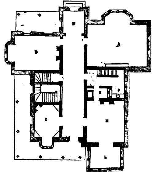 A. Drawing room. B.Vestiblue. D. Library. H. Diningroom I. Study.