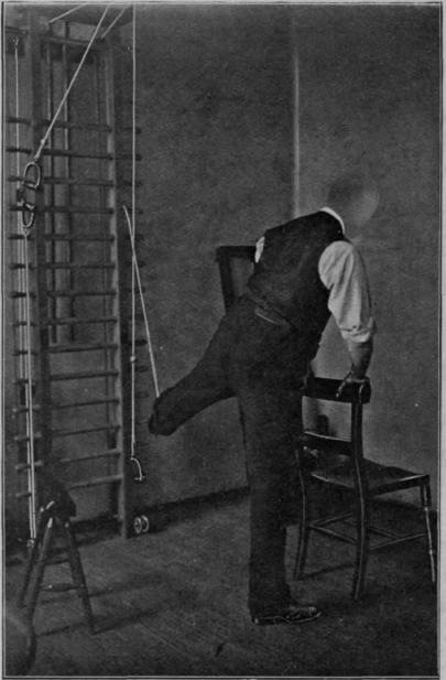 Fig. 111. To illustrate an exercise for the adductors of the thigh. It is also either a relaxed or assistive exercise for the abductors according to the weight employed