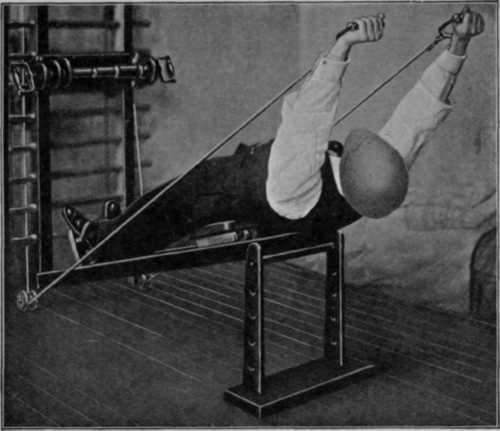 Fig. 149. To show how the use of the sliding seat and of the weight and pulley can be combined to afford a full dose of exercise to most of the muscles in the body